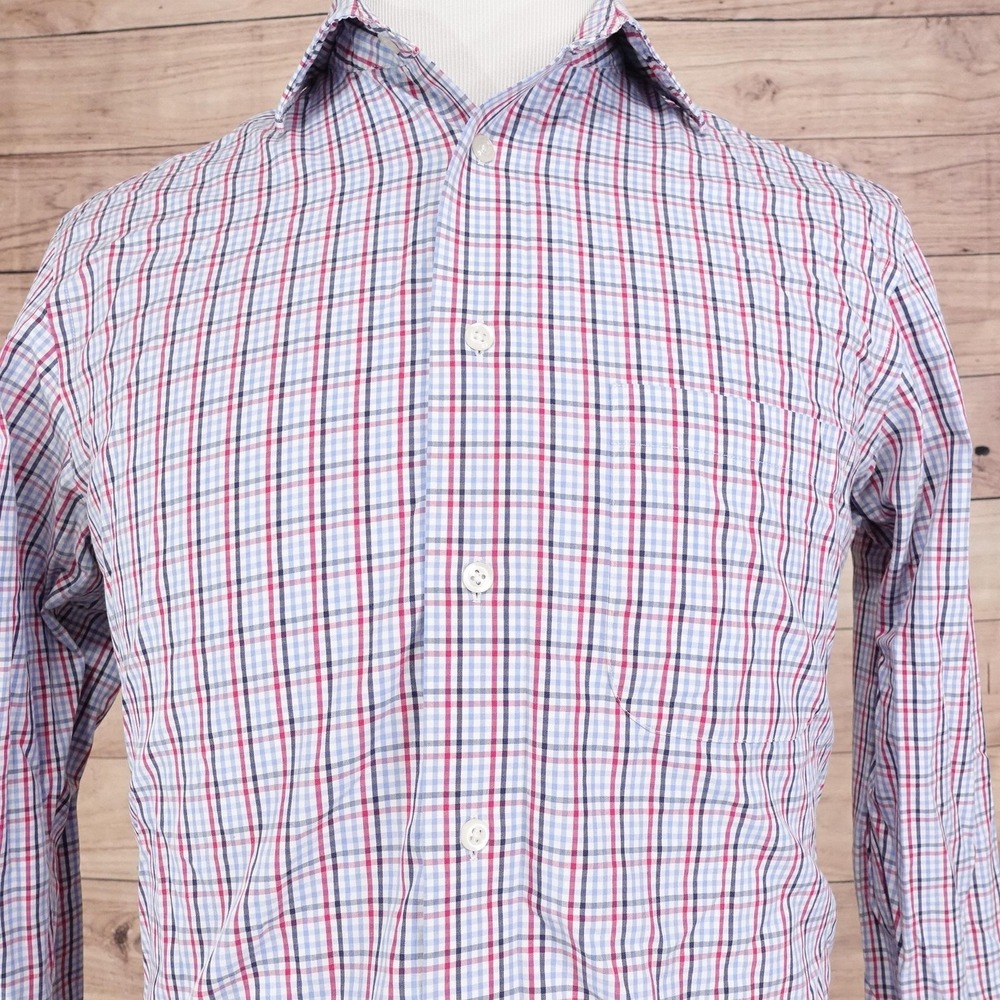Pronto Uomo Shirt Mens Medium Blue‎ Red Plaid Non Iron 100% Cotton Button Down